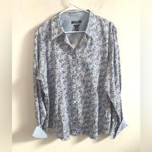 Chaps Shirt Womens Floral Button Up  XXL No Iron Blue white Workwear office